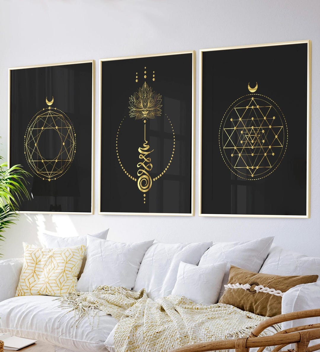 Gold Sacred Geometry Art Prints: Spiritual Lotus Moon, Mystical Decor ...