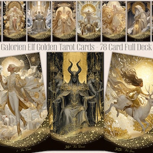 Könnte beinhalten: Ein komplettes Deck von Galorien Elf Golden Tarot Cards mit detaillierten Illustrationen in Gold, Schwarz und Weiß. Die Karten zeigen verschiedene Figuren und Szenen, mit dem Text "Galorien Elf Golden Tarot Cards - 78 Card Full Deck".