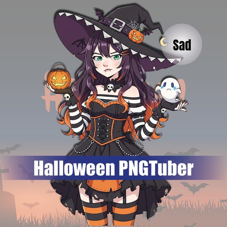 May include: A digital illustration of a Halloween PNGTuber character dressed as a witch. She wears a black and orange dress, a witch hat, and holds a jack-o'-lantern and a ghost. The word "Sad" is in a speech bubble.