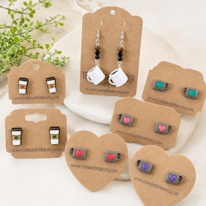 Hand-Painted Wood Coffee Cup Earrings, Latte Studs, Barista Gift, Caffeine Jewelry