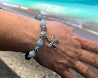 Starfish Charm Bracelet – Blue Crystal Beaded, Ocean Jewelry