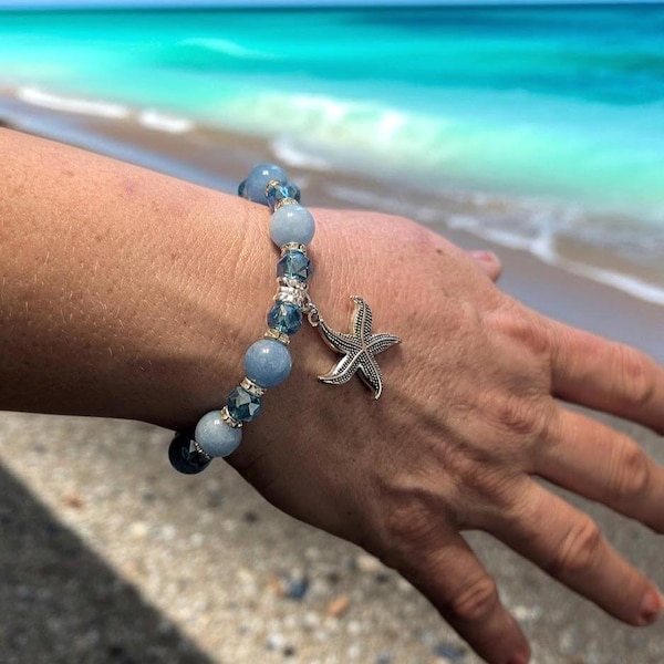 Starfish Charm Bracelet – Blue Crystal Beaded, Ocean Jewelry