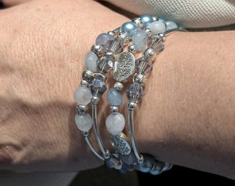 Blue Memory Wire Beaded Wrap Bracelet – Handmade Silver Tone