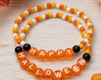 Candy Corn Inspired Beaded Bracelet Set: Happy Halloween Stretch Jewelry