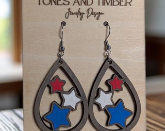 Patriotic Star Earrings, Red White Blue Wood Dangles