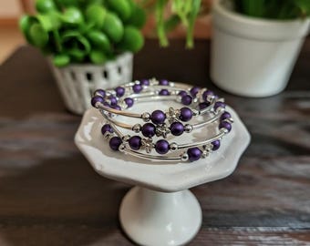 Purple Memory Wire Beaded Wrap Bracelet – Handmade Silver Tone