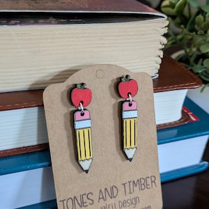Teacher Gift Earrings | Apple & Pencil Dangle Earrings | Back to School Jewelry | Laser Cut Wood Earrings | Home School Moms