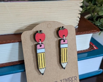 Apple & Pencil Dangle Earrings | Wood Teacher Gift