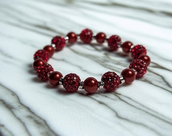 Red Rhinestone & Miracle Bead Stretch Bracelet – Handmade Sparkle Bracelet, Valentine Gift for Her