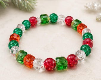 Handmade Christmas Beaded Stretch Bracelet | Red, Green, Clear Acrylic
