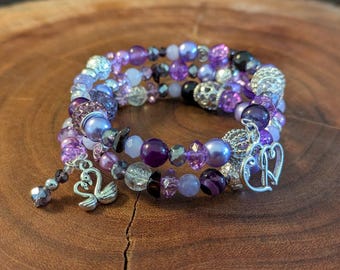 Handmade Beaded Memory Wire Bracelet: Crystal, Pearl & Charm Accent