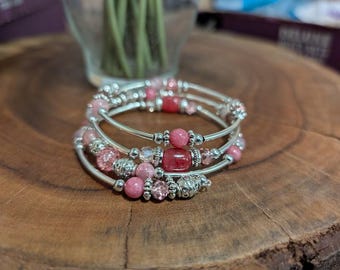 Pink Memory Wire Beaded Wrap Bracelet – Handmade Silver Tone