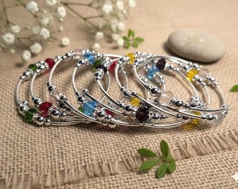 Birthstone Crystal Beaded Bracelet – Silver Tone Memory Wire, Personalized Gift