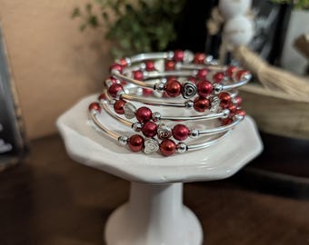 Red Memory Wire Beaded Wrap Bracelet – Handmade Silver Tone