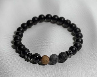 Black Beaded Stretch Bracelet – Matte Stone and Earth Tone Accents