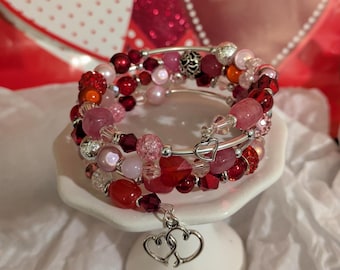 Red & Blush Memory Wire Wrap Bracelet with Optional Personalization