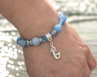 Mermaid Charm Bracelet – Blue Crystal Beaded, Ocean Jewelry