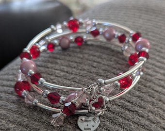 Memory Wire Bracelet with Heart Charms –Personalized Gift