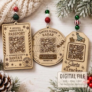 Santa Tracker Ornament SVG Bundle, Christmas QR Code Laser Files