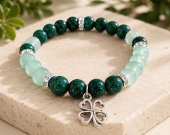 Irish Shamrock Bracelet | Green Beaded Stretch Style | Lucky Clover Jewelry | Gift for Her