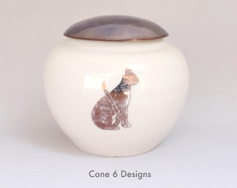 Porcelain Cat Urn with Enameled Blue lid