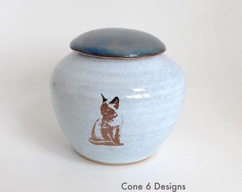 Blue Ceramic Cat Urn with Vitreous Enamel Lid