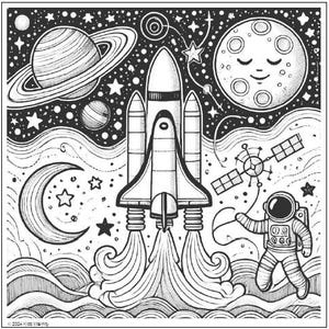 May include: Three black and white illustrations of rockets in space. The first image shows a rocket with flames shooting out of the back. The second image shows a rocket with a space shuttle and an astronaut. The third image shows a rocket with a UFO and a planet.