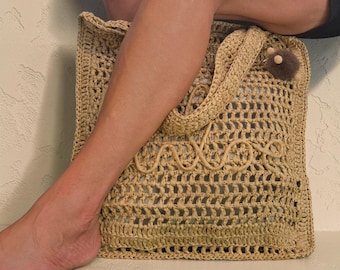 Torba z rafii robiona na szydełku / torba designerska / torba typu tote / torba z rafii / torba na zakupy z napisem 3D / torba z rafii / torba na zakupy