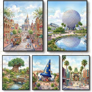 Può includere: Cinque stampe ad acquerello incorniciate raffiguranti scene dei parchi a tema Disney. Le stampe mostrano monumenti iconici come il castello di Cenerentola, Spaceship Earth e la Walk of Fame di Hollywood, con colori vivaci e arte dettagliata.