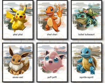 ポケモン ウォール アート、子供部屋の装飾、ゲーム ルームの装飾、保育園の装飾、壁の装飾、水彩画、印刷可能、デジタル ダウンロード