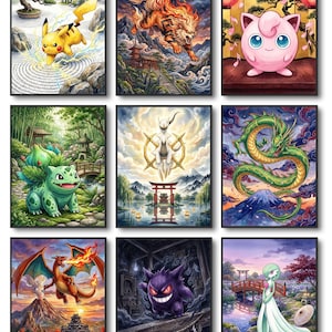 May include: A collection of nine rectangular wall art prints featuring various animated creatures in Japanese-inspired landscapes, including a yellow electric mouse, a fire tiger, a pink round character, a green bulb creature, and a dragon.