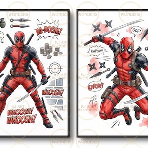 May include: Two posters featuring a red and black costumed character with swords, throwing stars, grenades, and coins. Text includes SHHH, BA-DOOM, AGILITY, WHOOSH, OOF, KAPOW, and MISSED ME. The character is shown standing and jumping in action poses.