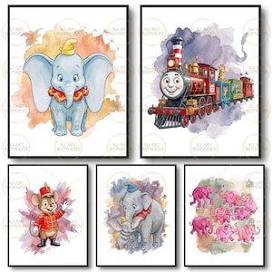 May include: A set of five wall art prints featuring watercolor illustrations of a blue elephant with large ears, a red and black steam locomotive train with circus cars, a mouse in a red uniform, two elephants, and a group of small pink elephants.