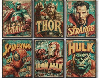 Könnte beinhalten: Set mit sechs Kunstdrucken im Vintage-Stil von Comic-Büchern mit Marvel-Superhelden. Enthält Captain America, Thor, Dr. Strange, Spider-Man, Iron Man und Hulk. Jeder Druck hat ein gealtertes Aussehen mit kräftigen Farben und Text.