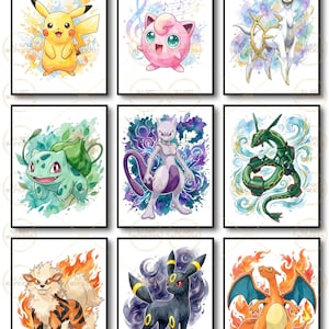 May include: Nine framed watercolour prints featuring various Pokémon characters. The prints showcase characters like Pikachu, Jigglypuff, and Charizard, each set against colourful, abstract backgrounds. The artwork is vibrant and detailed, with a whimsical style.