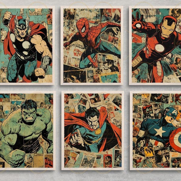 Vintage Superheroes Comic Wall Art: Kids Room Decor (Digital Download)