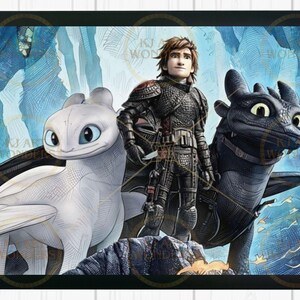 Puede incluir: Una ilustraci&oacute;n de un jinete de drag&oacute;n con dos dragones. El jinete lleva una armadura negra y un casco. Los dragones son una Furia Nocturna blanca y una Furia Nocturna negra.