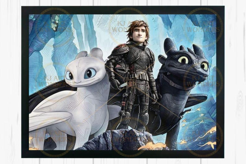 Puede incluir: Una ilustraci&oacute;n de un jinete de drag&oacute;n con dos dragones. El jinete lleva una armadura negra y un casco. Los dragones son una Furia Nocturna blanca y una Furia Nocturna negra.