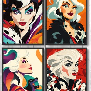 Póster impreso de Cruella, 101 dálmatas, villano icónico, misterio, mágico, fantasía oscura, decoración de pared, acuarela, imprimible, descarga digital