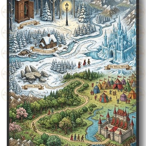 May include: A detailed fantasy map illustration featuring a snowy forest with a vintage wardrobe, a beaver's dam cottage, a stone table, and a white witch's ice castle. The lower section shows a green forest, a colourful tent camp, and the high castle Cair Paravel.