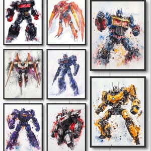 Può includere: Collezione di stampe ad acquerello incorniciate con vari disegni di robot. Ogni stampa mostra un robot diverso in pose dinamiche, con colori vivaci e pennellate artistiche. I robot sono raffigurati in tonalità di rosso, blu, giallo e viola.