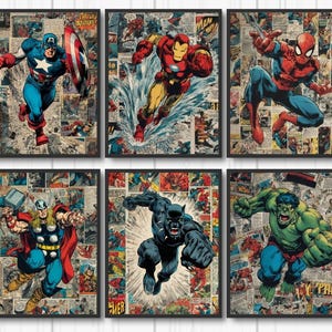 May include: Six framed comic book art prints featuring Marvel superheroes: Captain America, Iron Man, Spider-Man, Thor, Black Panther, and the Hulk. Each print showcases dynamic action poses against a backdrop of comic book panels.