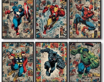 Könnte beinhalten: Sechs gerahmte Comic-Kunstdrucke mit Marvel-Superhelden: Captain America, Iron Man, Spider-Man, Thor, Black Panther und Hulk. Jeder Druck zeigt dynamische Actionposen vor dem Hintergrund von Comic-Panels.