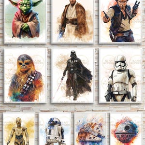 Star Wars akvarelltryck: Yoda, Darth Vader, barnrumsdekor (digital nedladdning)
