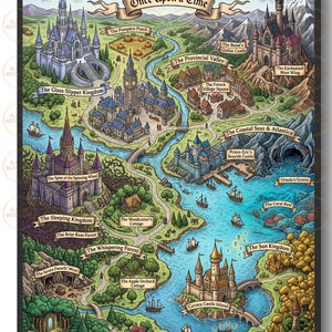 May include: A detailed fantasy map titled Once Upon a Time, featuring illustrated castles, forests, and bodies of water. Labeled locations include The Glass Slipper Kingdom, The Beast's Gothic Castle, The Sleeping Kingdom, and Corona Castle Island.