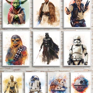 Star Wars Wall Prints, Yoda, Darth Vader, Menina, Menino, Crianças, Conjunto de 10 Impressões, Decoração de Parede, Aquarela, Imprimível, Download Digital