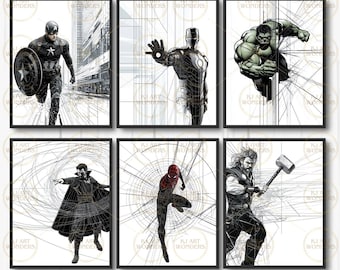 Superhero Modern Art Prints: Kids Room Decor, Set of 6 (Digital Download)