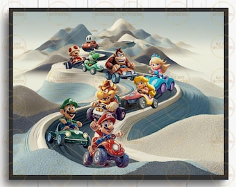 スーパーマリオブラザーズ ウォールプリント、マリオカート、レースカー、ウォールアート、ウォールデコレーション、水彩画、子供部屋デコレーション、ゲーム、デジタルダウンロード