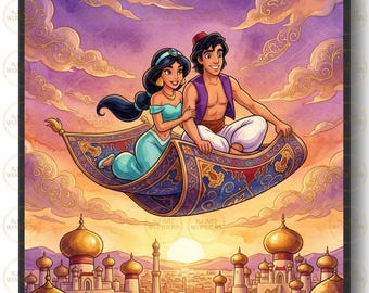 Aladdin Watercolor Wall Art, Magic Carpet Poster, Princess Jasmine Nursery Decor Print, Digital Download