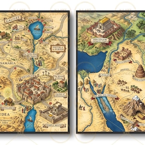 Pode incluir: Dois mapas ilustrados representando locais bíblicos. O mapa da esquerda mostra a Galileia, Samaria e Judeia com locais como Jerusalém, Belém e o Mar da Galileia. O mapa da direita apresenta Jerusalém, o Mar Vermelho, o Monte Sinai e o Ararat.